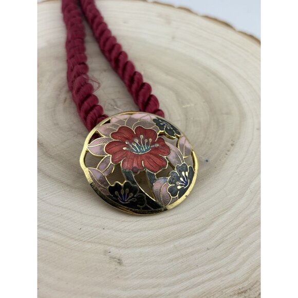 Vtg Cloisonné Floral Pendant Necklace Red Enamel Flower W/Gold Burgundy Cord - Picture 4 of 7